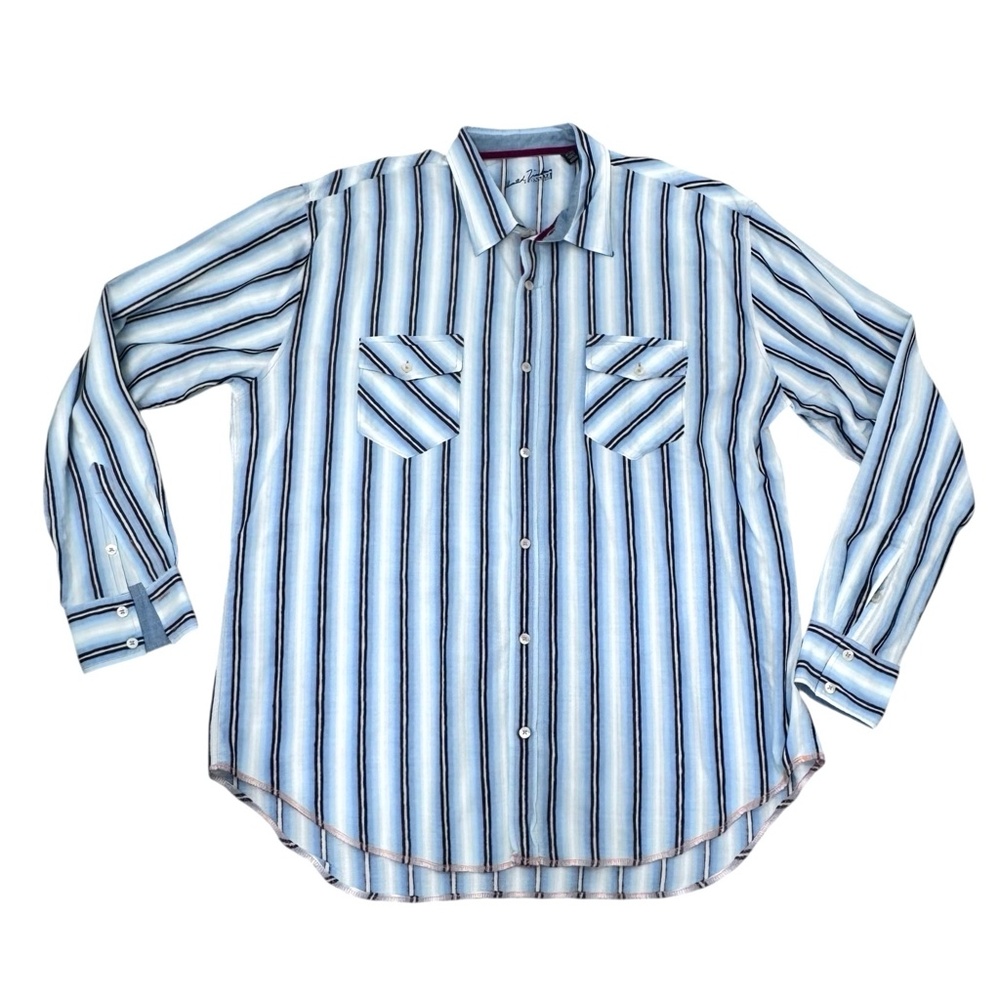 ARNOLD ZIMBERG BLUE & WHITE STRIPED COTTON LONG SLEEVE SHIRT - Picture 2 of 10